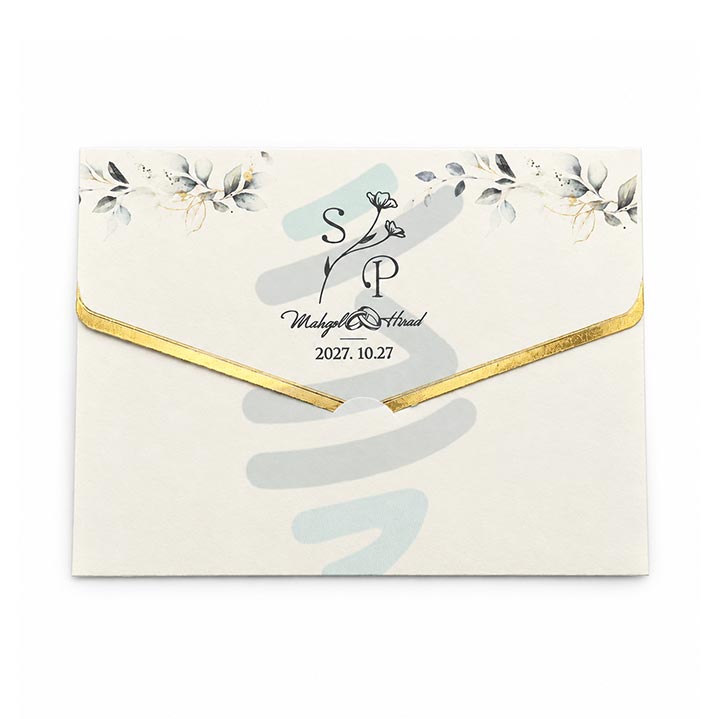 کارت عروسی مدل S625 با پاکت سفید شیری، درب V شکل طلایی و طرح گل و برگ