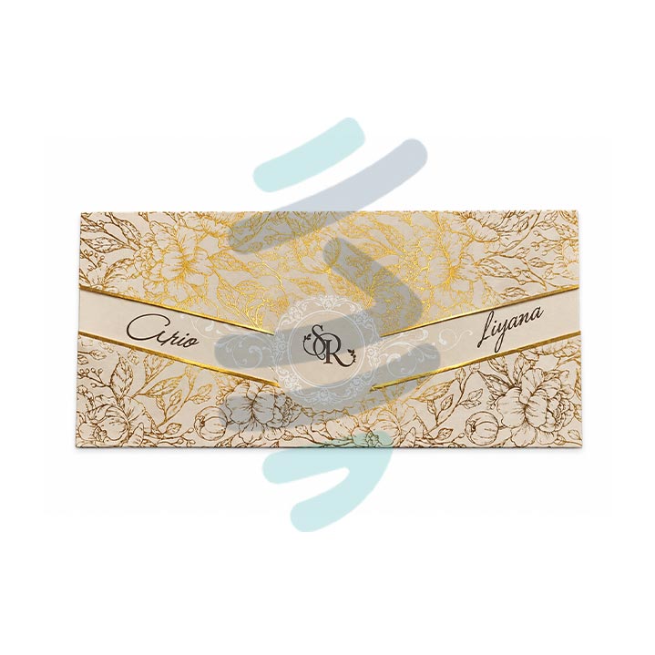 کارت عروسی مدل S706 با پاکت کرم طلایی، نقوش گل‌دار و درب V شکل